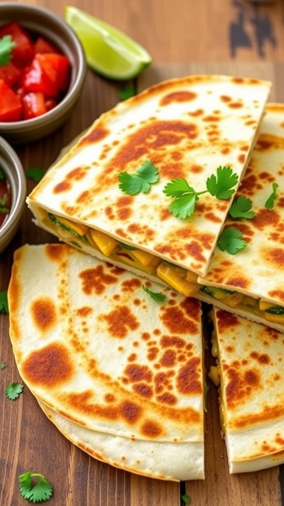 Crispy zucchini and cheese quesadilla cut into wedges, garnished with cilantro, on a wooden table with salsa and lime.